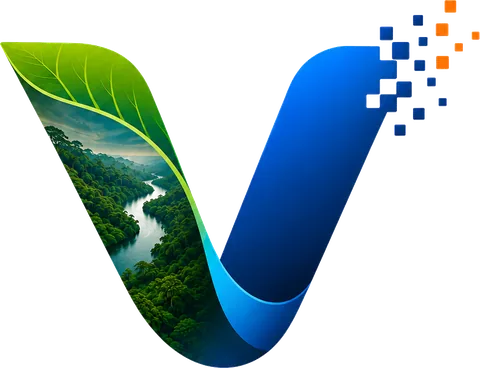 Logomarca Vincaz — um V formado por uma folha com a floresta amazônica e um traço azul tecnológico